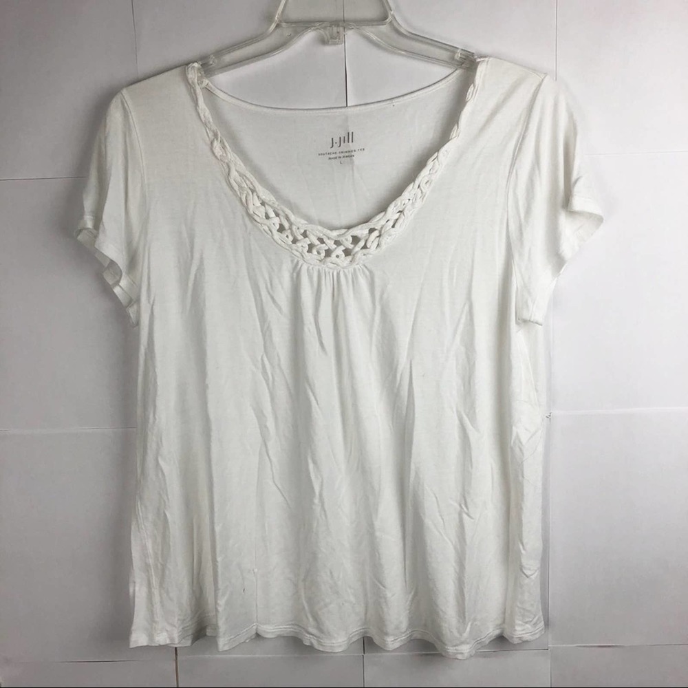 J Jill White Soutache Trimmed Tee Braided Scoop Large
